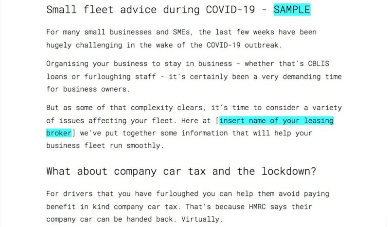 COVID 19 small fleet advice sample copy